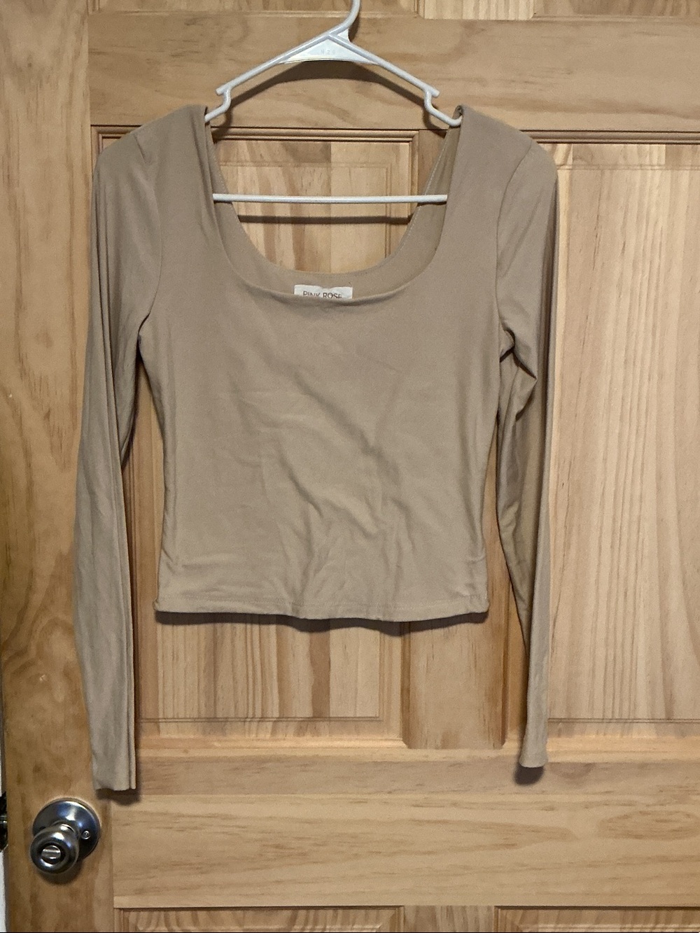 Pink Rose Beige Scoop Neck Long Sleeve Top
